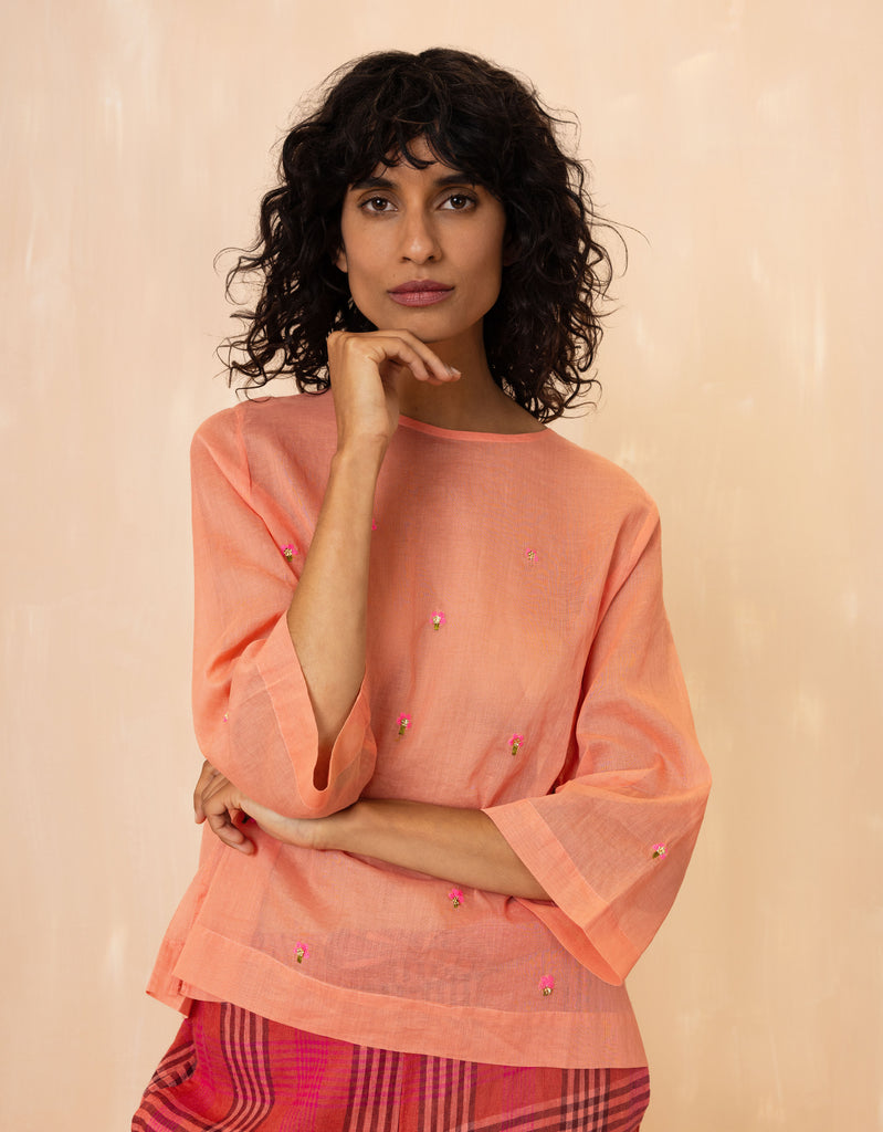Oilily Bibi blouse in Crabapple red, featuring vibrant floral embroidery in cotton voile